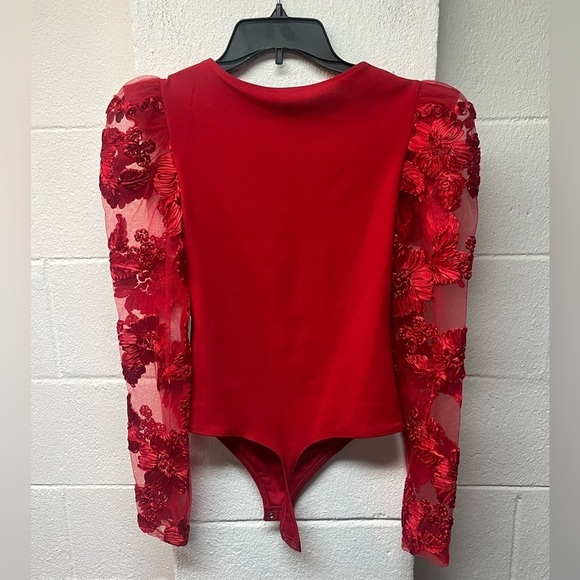 Express Red Bodysuit with Floral Lace Sleeves. Size XS - Picture 6 of 6